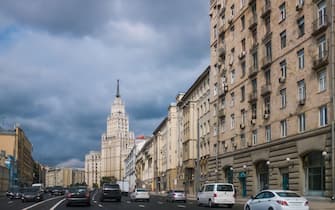 View on Moscow downtown. One of Stalinist hi-rise buldings left. "Skyscraper" and Soviet buildings on the Garden Ring.