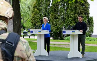 KYIV, UKRAINE – MAY 9: Volodymyr Zelenskyi, Ukraine's president (R) and Ursula von der Leyen, president of the European Commission (L) attend a joint press conference in Kyiv on May 9, 2023 in Kyiv, Ukraine. The President of the European Commission, Ursula von der Leyen, arrived in Kiev on May 9, 2023, to celebrate the Day of Europe and to show her support for Ukraine in the fight against the Russian invaders. (Photo by Oleksandr Gusev/Global Images Ukraine via Getty Images)