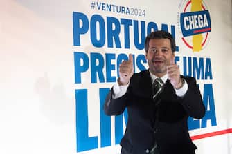 epa11196819 The leader of the Chega (Enough) Party, Andre Ventura, gestures during an electoral campaign rally for the country's upcoming legislative elections in Castelo Branco, Portugal, 03 March 2024. On 15 January 2024, the Portuguese president decreed the dissolution of parliament and called early legislative elections on 10 March, following the resignation of the Portuguese prime minister on 07 November 2023.  EPA/MIGUEL PEREIRA DA SILVA