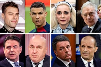 (Prima fila da S) Fedez, Cristiano Ronaldo, Marta Fascina, Adolfo Urso;
(seconda fila da S) Giuseppe Conte, Guido Crosetto, Matteo Renzi, Massimiliano Allegri, 02 marzo 2024.  NPK   ANSA