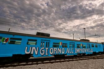 The blue train of the Circumflegrea that has just come out of the restyling to celebrate, with the fans that it will transport to the Maradona stadium, the third scudetto of Napoli, in Naples, Italy, 29 April 2023, ANSA / CIRO FUSCO