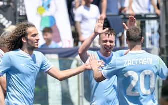 Lazioâ&#x80;&#x99;s Patric celebrates after scoring the goal 1-0 during the Italian Football Championship League A 2023/2024 match between SS Lazio vs Empoli FC at the Olimpic Stadium in Rome on 12  May 2024.