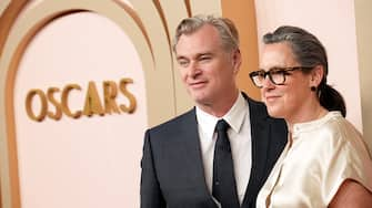 BEVERLY HILLS, CALIFORNIA - FEBRUARY 12: (L-R) Christopher Nolan and Emma Thomas attend the 96th Oscars Nominees Luncheon at The Beverly Hilton on February 12, 2024 in Beverly Hills, California. (Photo by JC Olivera/Getty Images)