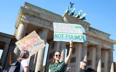 Climate activist Luisa Neubauer on stage, Climate strike, climate activists rally at Fridays For Future large demonstration, Sept. 15, 2023, Brandenburg Gate, Berlin, Germany. (Photo by Marten Ronneburg/NurPhoto via Getty Images)