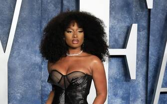 megan thee stallion epa10520961 Megan Thee Stallion arrives at the 2023 Vanity Fair Oscar Party following the 95th annual Academy Awards ceremony, at the Wallis Annenberg Center for the Performing Arts in Beverly Hills, California, USA, 12 March 2023. The Oscars are presented for outstanding individual or collective efforts in filmmaking in 24 categories. EPA/NINA PROMMER
