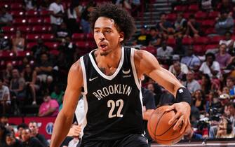 LAS VEGAS, NV - JULY 16: Jalen Wilson #22 of the Brooklyn Nets dribbles the ball during the game against the Cleveland Cavaliers during the 2023 NBA Las Vegas Summer League Semifinals on July 16, 2023 at the Thomas & Mack Center in Las Vegas, Nevada. NOTE TO USER: User expressly acknowledges and agrees that, by downloading and or using this photograph, User is consenting to the terms and conditions of the Getty Images License Agreement. Mandatory Copyright Notice: Copyright 2023 NBAE (Photo by Jeff Bottari/NBAE via Getty Images)