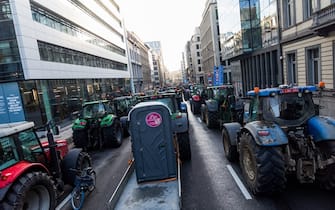Rows of tractors pictured at a protest action in the European district in Brussels, organized by several agriculture unions from Belgium but also other European countries on Thursday 01 February 2024. ABS (Algemeen Boerensyndicaat), FWA, FAJ take part in the farmers' protests across Europe as they demand better conditions to grow, produce and maintain a proper income.
BELGA PHOTO HATIM KAGHAT (Photo by HATIM KAGHAT / BELGA MAG / Belga via AFP) (Photo by HATIM KAGHAT/BELGA MAG/AFP via Getty Images)
