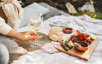 Closeup of wooden tray with grilled octopus with green sweet pepers and sweet chilli sauce on white blanket with cushions, wine glasses and bread outdoor. Picnic and holiday concept. Spring time activities.