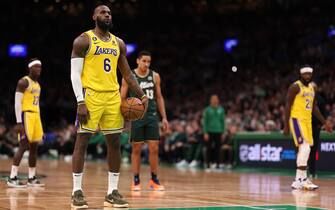 BOSTON, MASSACHUSETTS - JANUARY 28 LeBron James #6 of the Los Angeles Lakers takes a free throw during the second half against the Boston Celtics at TD Garden on January 28, 2023 in Boston, Massachusetts. The Celtics defeat the Lakers 125-121.  (Photo by Maddie Meyer/Getty Images)