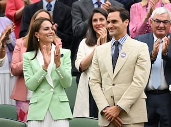 LONDON, ENGLAND - JULY 04: Catherine, Princess of Wales and Roger Federer in the Royal Box on day two of the Wimbledon Tennis Championships at All England Lawn Tennis and Croquet Club on July 04, 2023 in London, England. (Photo by Karwai Tang/WireImage)