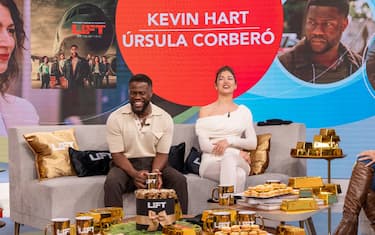 DORAL, FL-JAN 5: Actors Kevin Hart and Úsula Corberó are seen during Univision “Despierta America” morning show on January 5, 2024 in Doral, Florida. (Photo by Alberto E. Tamargo/Sipa USA)