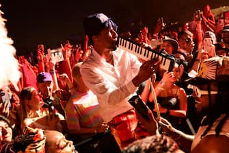 INDIO, CALIFORNIA - APRIL 20: (FOR EDITORIAL USE ONLY) Jon Batiste performs at the Outdoor Theatre during the 2024 Coachella Valley Music and Arts Festival at Empire Polo Club on April 20, 2024 in Indio, California. (Photo by Arturo Holmes/Getty Images for Coachella)