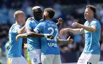 SSC Napoli's Nigerian forward Victor Osimhen celebrates after scoring a goal during the Serie A football match between SSC Napoli and Frosinone at the Diego Armando Maradona Stadium in Naples, southern Italy, on April 14, 2024.