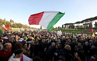 Farmers gather at Circo Massimo during a protest to ask for better working conditions on February 15, 2024. Farmers staged demonstrations for weeks all around Italy to demand lower fuel taxes, better prices for their products and an easing of EU environmental regulations that they say makes it more difficult to compete with cheaper foreign produce. (Photo by Tiziana FABI / AFP)