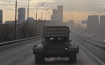 MOSCOW, RUSSIA - APRIL 29, 2021: A TOS-1 Buratino multiple rocket launcher moves along Zvenigorodskoye Highway ahead of a rehearsal of the military parade marking the 76th anniversary of the victory over Nazi Germany in World War II. Gavriil Grigorov/TASS/Sipa USA