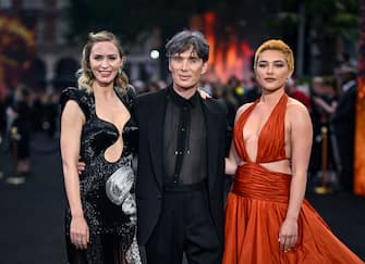 LONDON, ENGLAND - JULY 13: (L-R) Emily Blunt, Cillian Murphy and Florence Pugh attend the "Oppenheimer" UK Premiere at Odeon Luxe Leicester Square on July 13, 2023 in London, England. (Photo by Gareth Cattermole/Getty Images)
