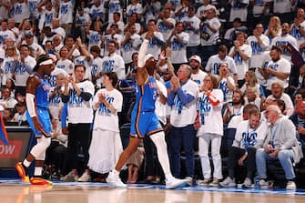 OKLAHOMA CITY, OK - APRIL 24: Shai Gilgeous-Alexander #2 of the Oklahoma City Thunder celebrates during the game against the New Orleans Pelicans during Round 1 Game 2 of the 2024 NBA Playoffs on April 24, 2024 at Paycom Arena in Oklahoma City, Oklahoma. NOTE TO USER: User expressly acknowledges and agrees that, by downloading and or using this photograph, User is consenting to the terms and conditions of the Getty Images License Agreement. Mandatory Copyright Notice: Copyright 2024 NBAE (Photo by Zach Beeker/NBAE via Getty Images)