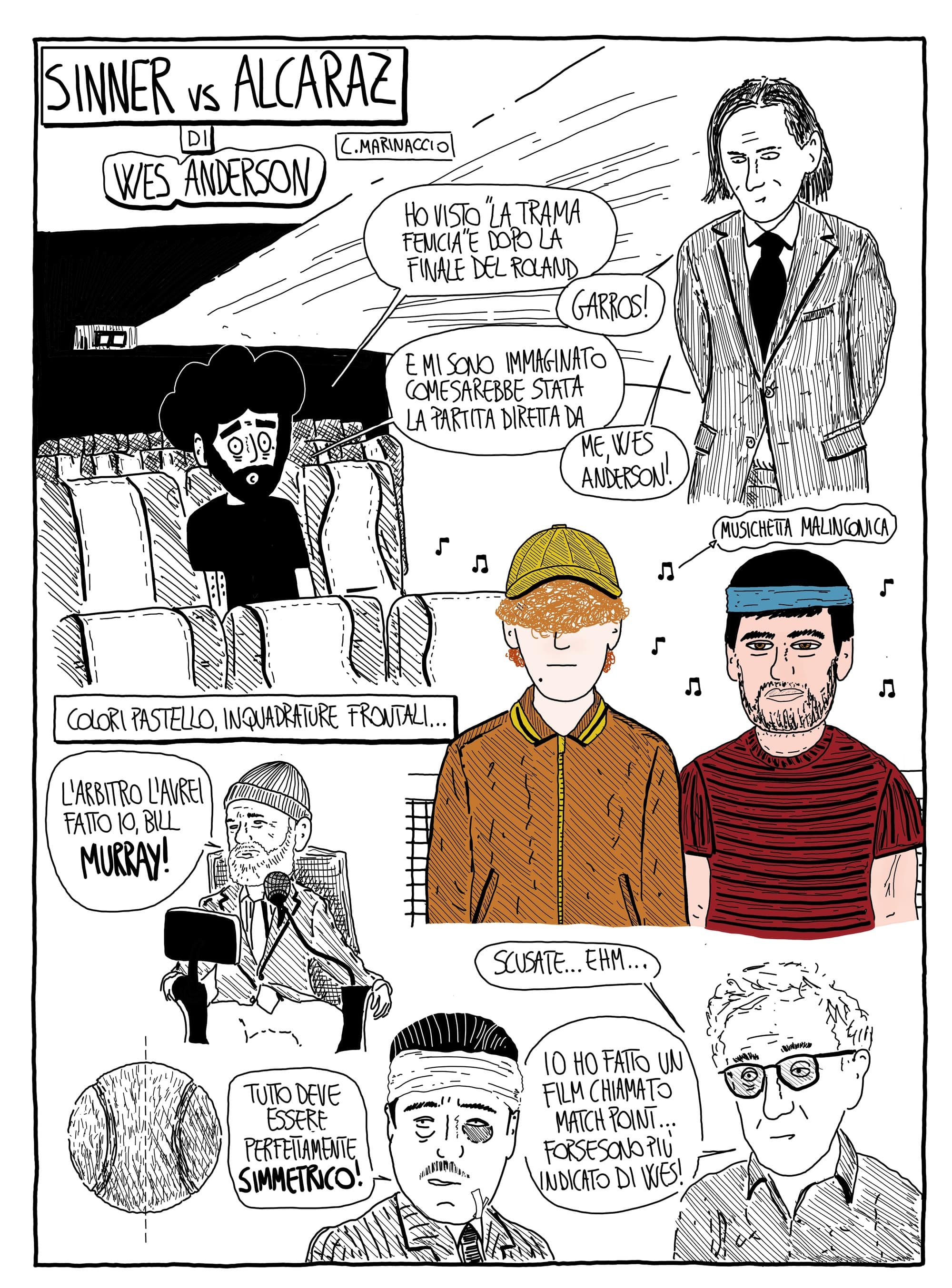 Sinner vs Alcaraz diretto da Wes Anderson: il fumetto di Marinaccio