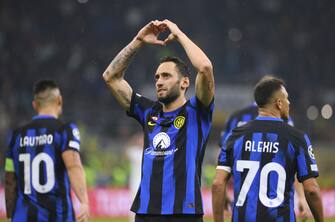 Inter Milan s Hakan Calhanoglu  jubilates  after scoring goal of 2 to 1 during he UEFA Champions League group D soccer match between Fc Inter and Fc Salzburg  at Giuseppe Meazza stadium in Milan, 24 October  2023.
ANSA / MATTEO BAZZI



