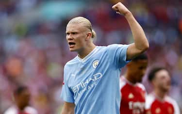 epa10787772 Erling Haaland of Manchester City reacts during the FA Community Shield soccer match between Arsenal London and Manchester City in London, Britain, 06 August 2023.  EPA/TOLGA AKMEN