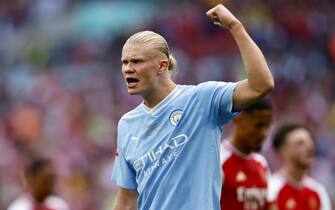epa10787772 Erling Haaland of Manchester City reacts during the FA Community Shield soccer match between Arsenal London and Manchester City in London, Britain, 06 August 2023.  EPA/TOLGA AKMEN