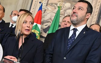 President of the Brothers of Italy party (Fratelli d'Italia, FdI) Giorgia Meloni (L), and Italian Lega party leader Matteo Salvini (R) address the media after a meeting with Italian President Sergio Mattarella for the first round of formal political consultations for new government at the Quirinale Palace in Rome, Italy, 21 October 2022.  ANSA/ETTORE FERRARI