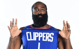 PLAYA VISTA, CA - NOVEMBER 02: James Harden #1 of the LA Clippers poses for a portrait at Honey Training Center on November 02, 2023 in Playa Vista, California. NOTE TO USER: User expressly acknowledges and agrees that, by downloading and/or using this Photograph, user is consenting to the terms and conditions of the Getty Images License Agreement. Mandatory Copyright Notice: Copyright 2023 NBAE (Photo by Adam Pantozzi/NBAE via Getty Images)