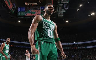 BOSTON, MA - JUNE 17: Jayson Tatum #0 of the Boston Celtics celebrates during the game against the Dallas Mavericks during Game 5 of the 2024 NBA Finals on June 17, 2024 at the TD Garden in Boston, Massachusetts. NOTE TO USER: User expressly acknowledges and agrees that, by downloading and or using this photograph, User is consenting to the terms and conditions of the Getty Images License Agreement. Mandatory Copyright Notice: Copyright 2024 NBAE  (Photo by Nathaniel S. Butler/NBAE via Getty Images)