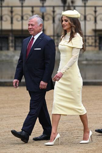 LONDON, ENGLAND - MAY 06: Abdullah II of Jordan and Queen Rania of Jordan attend attend the Coronation of King Charles III and Queen Camilla on May 06, 2023 in London, England. The Coronation of Charles III and his wife, Camilla, as King and Queen of the United Kingdom of Great Britain and Northern Ireland, and the other Commonwealth realms takes place at Westminster Abbey today. Charles acceded to the throne on 8 September 2022, upon the death of his mother, Elizabeth II. (Photo by Jeff Spicer/Getty Images)