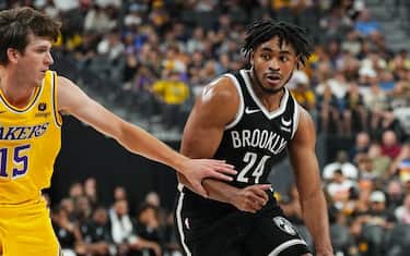 LAS VEGAS, NV - OCTOBER 9: Cam Thomas #24 of the Brooklyn Nets drives to the basket during the game against the Los Angeles Lakers on October 9, 2023 at T-Mobile Arena in Las Vegas, Nevada. NOTE TO USER: User expressly acknowledges and agrees that, by downloading and or using this photograph, User is consenting to the terms and conditions of the Getty Images License Agreement. Mandatory Copyright Notice: Copyright 2023 NBAE (Photo by Jeff Bottari/NBAE via Getty Images)