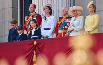 (L-R) Britain's Prince George of Wales, Britain's Prince William, Prince of Wales, Britain's Prince Louis of Wales, Britain's Princess Charlotte of Wales, Britain's Catherine, Princess of Wales, Britain's King Charles III, Britain's Queen Camilla, and Britain's Sophie, Duchess of Edinburgh, pose on the balcony of Buckingham Palace after attending the King's Birthday Parade "Trooping the Colour" in London on June 15, 2024. The ceremony of Trooping the Colour is believed to have first been performed during the reign of King Charles II. Since 1748, the Trooping of the Colour has marked the official birthday of the British Sovereign. Over 1500 parading soldiers and almost 300 horses take part in the event. (Photo by BENJAMIN CREMEL / AFP)