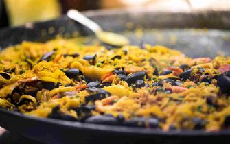 Large pot of freshly cooked paella with saffron rice, seafood and mussels in a low angle view with selective focus and copy space in a catering concep