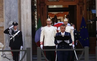 The coffin of President Emeritus Giorgio Napolitano leaves the Senate to head towards Montecitorio Square in Rome, Italy, 26 September 2023. Italy on Tuesday mourns Giorgio Napolitano, the nation's first two-time president who died aged 98 in Rome on Friday, with a non-religious State funeral in the Lower House.
ANSA/ANGELO CARCONI