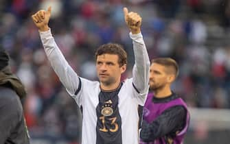 EAST HARTFORD, CT - OCTOBER 14: Thomas Muller #13 of Germany gives a thumbs up to Germany fans after an international friendly game between Germany and USMNT at Pratt and Whitney Stadium on October 14, 2023 in East Hartford, Connecticut. (Photo by Doug Zimmerman/ISI Photos/Getty Images)