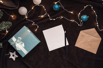 Empty wishlist for Santa Claus laid on a wooden table