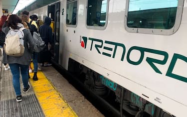 Trenord logo is seen on a train in Monza, Italy on October 5, 2021. (Photo by Jakub Porzycki/NurPhoto via Getty Images)