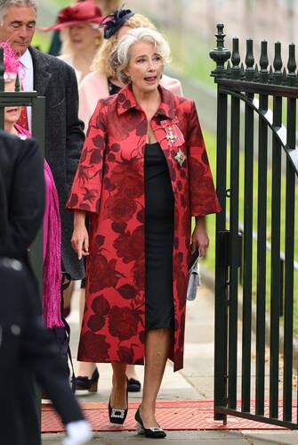 LONDON, ENGLAND - MAY 06: Emma Thompson arrives at Westminster Abbey for the Coronation of King Charles III and Queen Camilla on May 06, 2023 in London, England. The Coronation of Charles III and his wife, Camilla, as King and Queen of the United Kingdom of Great Britain and Northern Ireland, and the other Commonwealth realms takes place at Westminster Abbey today. Charles acceded to the throne on 8 September 2022, upon the death of his mother, Elizabeth II. (Photo by Karwai Tang/WireImage)