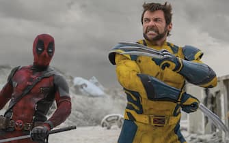 (L-R): Ryan Reynolds as Deadpool/Wade Wilson and Hugh Jackman as Wolverine/Logan in 20th Century Studios/Marvel Studios' DEADPOOL & WOLVERINE. Photo by Jay Maidment. © 2024 20th Century Studios / © and ™ 2024 MARVEL.