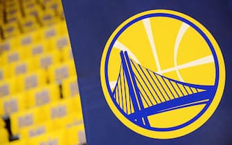 OAKLAND, CA - MAY 16: A close up view of the Golden State Warriors logo before the game against the San Antonio Spurs during Game Two of the Western Conference Finals of the 2017 NBA Playoffs on May 16, 2017 at ORACLE Arena in Oakland, California. NOTE TO USER: User expressly acknowledges and agrees that, by downloading and or using this photograph, user is consenting to the terms and conditions of Getty Images License Agreement. Mandatory Copyright Notice: Copyright 2017 NBAE (Photo by Noah Graham/NBAE via Getty Images)