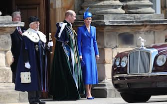 Britain's Prince William, Prince of Wales, and Britain's Catherine, Princess of Wales, known as the Duke and Duchess of Rothesay while in Scotland leave the Palace of Holyroodhouse before travelling to St Giles' Cathedral to attend a National Service of Thanksgiving and Dedication, in Edinburgh on July 5, 2023. Scotland on Wednesday will mark the Coronation of King Charles III and Queen Camilla during a National Service of Thanksgiving and Dedication where the The King will be presented with the Honours of Scotland. (Photo by Robert Perry / POOL / AFP) (Photo by ROBERT PERRY/POOL/AFP via Getty Images)