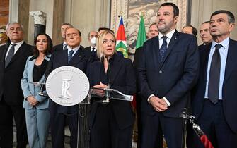 (L-R) Antonio Tajani, Licia Ronzulli, Antonio De Poli, Former premier and leader of the Forza Italia (FI) party Silvio Berlusconi, Alessandro Cattaneo, President of the Brothers of Italy party (Fratelli d'Italia), (FdI) Giorgia Meloni, Francesco Lollobrigida, Italian Lega party leader Matteo Salvini and Maurizio Lupi address the media after a meeting with Italian President Sergio Mattarella for the first round of formal political consultations for new government at the Quirinale Palace in Rome, Italy, 21 October 2022.  ANSA/ETTORE FERRARI