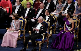 STOCKHOLM, SWEDEN - DECEMBER 10: Queen Silvia of Sweden, King Carl XVI Gustaf of Sweden, Prince Daniel of Sweden and Crown Princess Victoria of Sweden attend the Nobel Prize Awards Ceremony 2023 at Stockholm Concert Hall on December 10, 2023 in Stockholm, Sweden. (Photo by Pascal Le Segretain/Getty Images)