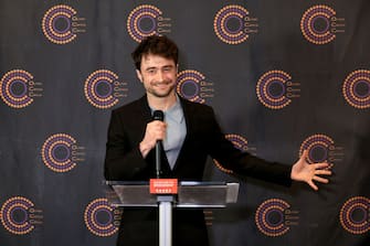 NEW YORK, NEW YORK - APRIL 23: Daniel Radcliffe speaks during the 73rd Annual Outer Critics Circle Awards Nominations at Museum of Broadway on April 23, 2024 in New York City. (Photo by Dimitrios Kambouris/Getty Images)