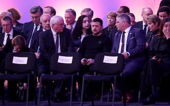 OSWIECIM, POLAND - JANUARY 27: German President Frank-Walter Steinmeier and Ukrainian President Volodymyr Zelensky attend the ceremony for the 80th anniversary of the liberation of the Auschwitz camp on January 27, 2025 in Oswiecim, Poland. The Nazis built and operated the Auschwitz complex of concentration camps during World War II initially for slave labor and later for the mass extermination of Jews and other undesirables. Approximately 1.1 million people died at Auschwitz, most of them in the notorious gas chambers of Auschwitz II-Birkenau. The Soviet Army liberated the camp in 1945. (Photo by Sean Gallup/Getty Images)