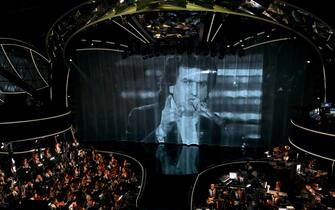 Tribute to Italian singer Toto Cutugno on the screen of the stage at the Ariston theatre during the 74th Sanremo Italian Song Festival, in Sanremo, Italy, 06 February 2024. The music festival will run from 06 to 10 February 2024.  ANSA/ETTORE FERRARI