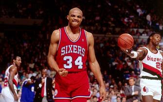 PORTLAND, OR - CIRCA 1990: Charles Barkley #34 of the Philadelphia 76ers reacts against the Portland Trailblazers  circa 1990 at the Veterans Memorial Coliseum in Portland, Oregon. NOTE TO USER: User expressly acknowledges and agrees that, by downloading and or using this photograph, User is consenting to the terms and conditions of the Getty Images License Agreement. Mandatory Copyright Notice: Copyright 1990 NBAE (Photo by Brian Drake/NBAE via Getty Images)