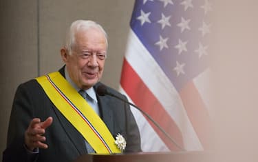 epa07887913 (FILE) - Former US President Jimmy Carter speaks after being awarded the highest grade of the order of Manuel Amador Guerrero by Panamanian President Juan Carlos Varela during a ceremony at the Carter Center in Atlanta, Georgia, USA, 14 January 2016 (reissued 02 October 2019). According to media reports, Jimmy Carter, the 39th  president of the USA, turned 95 on 01 October 2019, making him the longest living former US president in history.  EPA/BRANDEN CAMP