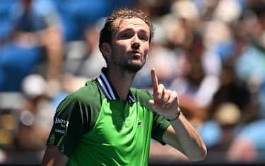 epa11078394 Daniil Medvedev of Russia gestures during his first round match against Terence Atmane of France on Day 2 of the 2024 Australian Open at Melbourne Park in Melbourne, Australia, 15 January 2024.  EPA/LUKAS COCH AUSTRALIA AND NEW ZEALAND OUT