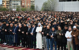 TIRANA, ALBANIA - MARCH 30: Muslims gather at the Skanderbeg Square to perform the Eid al-Fitr prayer, on March 30, 2025, in Tirana, Albania on March 30, 2025. (Photo by Olsi Shehu/Anadolu via Getty Images)