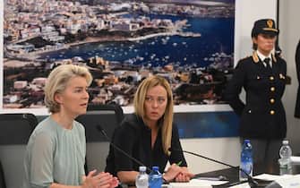 Italian Premier Giorgia Meloni (R) and EU Commission President Ursula von der Leyen (L) attend a press conference in Lampedusa, Italy, 17 September 2023.The prime minister of Italy and the president of the European Commission arrived on the island of Lampedusa as tensions rise over an increase in migrant arrivals.
ANSA/CIRO FUSCO